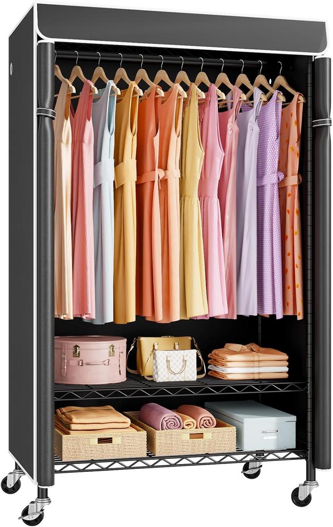 P6C Rolling Clothes Rack with Cover, 3-Tier Covered Clothing Rack