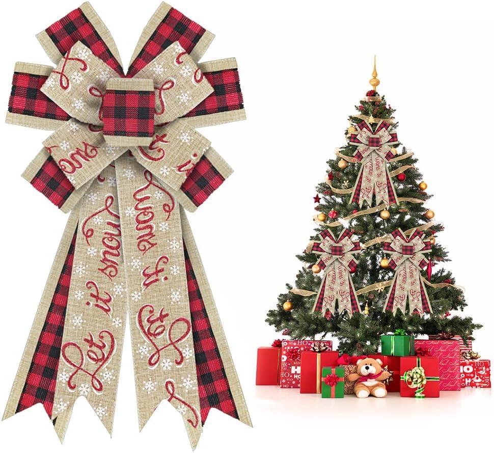 Christmas Wreath Bows Christmas Decor Bow Let It Snow Words Burlap Bows for Wreaths, Christmas Ribbon Bows Tree Topper Bows for Christmas Home Indoor Outdoor Decoration Wreath Ornament Supplies