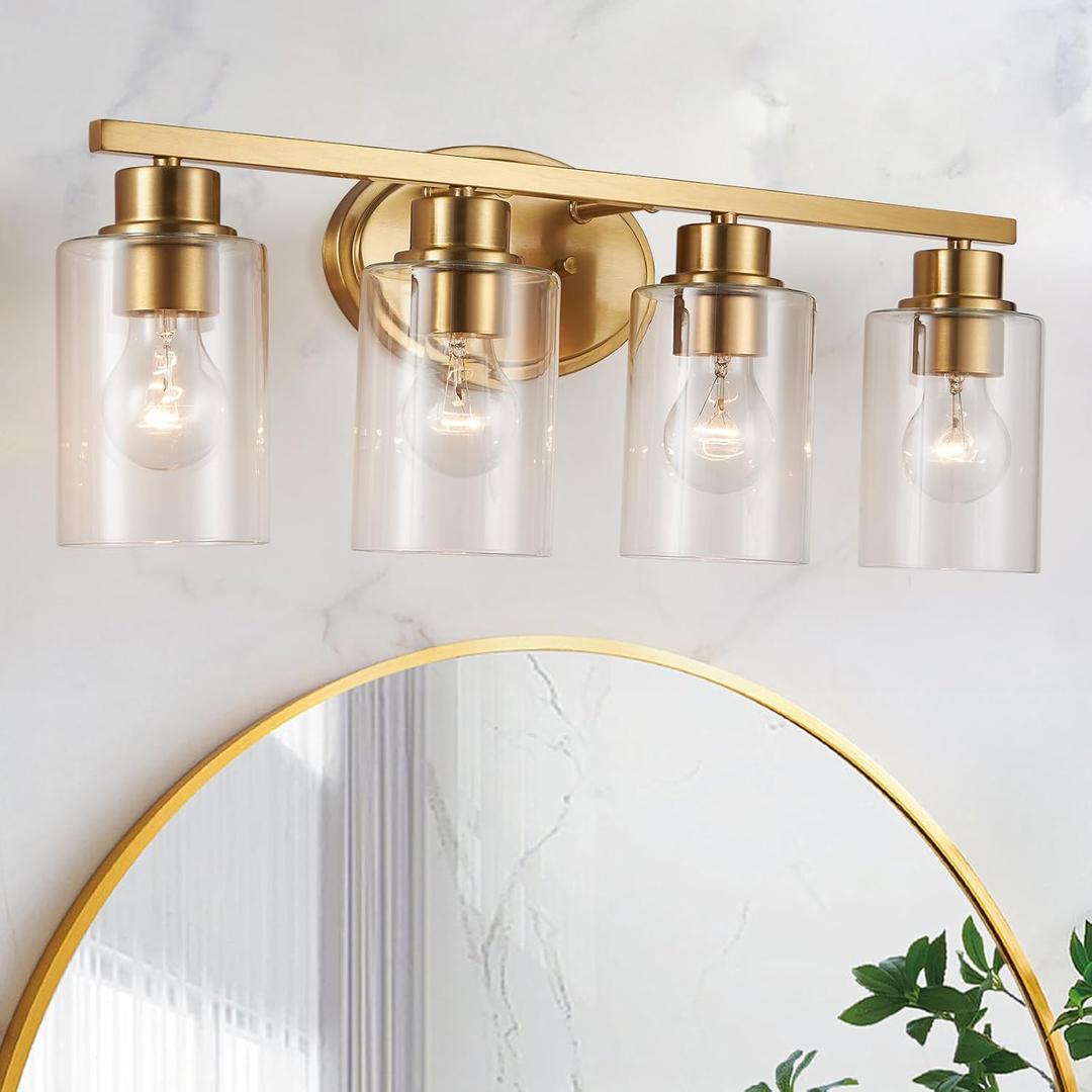 Bathroom Vanity Light Fixtures Over Mirror, 4 Light Brushed Gold Bathroom Light Fixtures with Clear Glass, Modern Vanity Lighting Fixture for Bathroom, Rustproof Vanity Light Wall Mount