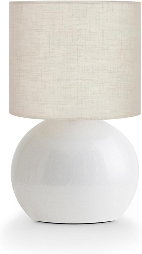 Modern White Small Cotton Linen Table Lamp, 10.4-inch LED Desk Light, One-Button Switch for Bedroom, Living Room, Nightstand, Includes Warm Light Bulb