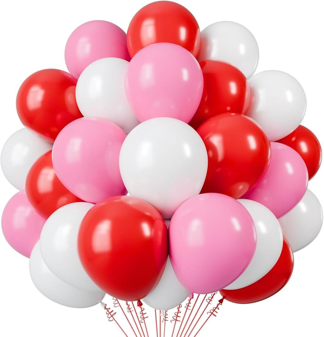 Red and Pink Latex Balloons, 50pcs 12 Inches Red White Pink Balloons with 1 Ribbon for Valentines, Wedding, Birthday Party Decorations