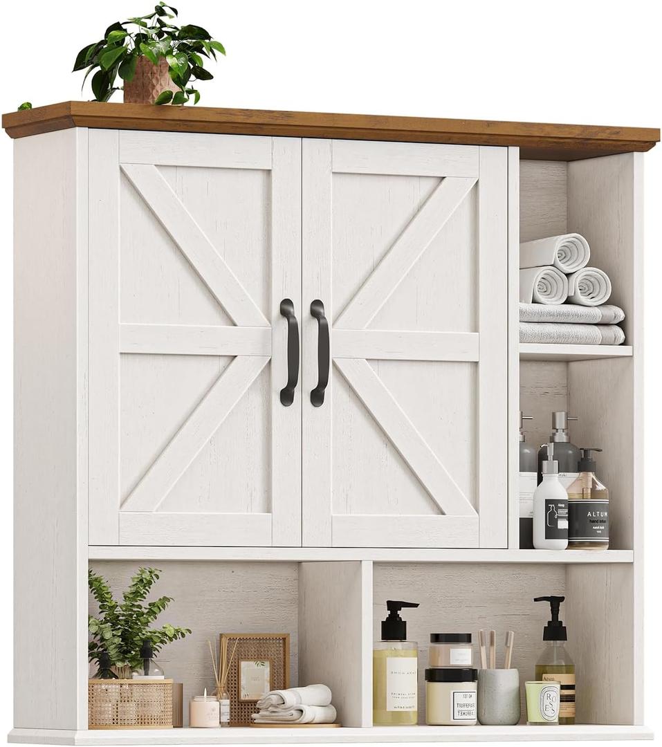 Bathroom Wall Cabinet, Farmhouse Medicine Cabinet with Doors, White & Brown, 31.5 x 29.65 x 7.87 inches