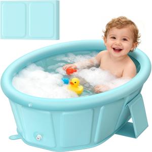 Baby Bathtub with Inflatable Top Edge, Extra Stable Infant Bath Tub, Collapsible & Portable for Baby Bath Time, No Tilt Design for 12M-6Y Toddler, No Assembly for Travel Shower (Large)