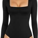 MANGOPOP Women's Square Neck Short Sleeve Long Sleeve Bodysuit Sexy Body Suits Shirt Slim Fitted Tops Size M, Black