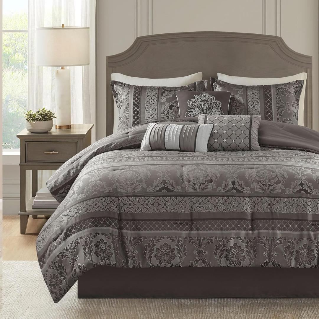 Madison Park Bellagio Cozy Comforter Set - Luxurious Jaquard Traditional Damask Design, All Season Down Alternative Bedding with Matching Shams, Decorative Pillow, Queen(90"x90"), Grey 7 Piece