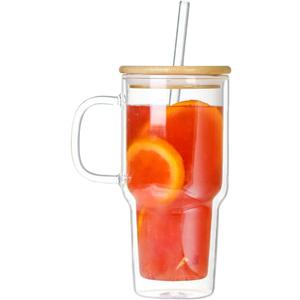 Double Wall Glass Tumbler with Handle and Straw Lid, 20oz Insulated Travel Mug Cup for Hot and Cold Drinks, Clear Glass Drinking Tumbler Cupholder Friendly