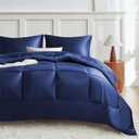 MR&HM Queen Comforter Set Navy Blue, Reversible Satin Microfiber Comforter Set for All Seasons, 3 Pieces Non-Slip Silky Soft Bedding Sets with 1 Comforter (90"x90") and 2 Pillowcases (20"x26")
