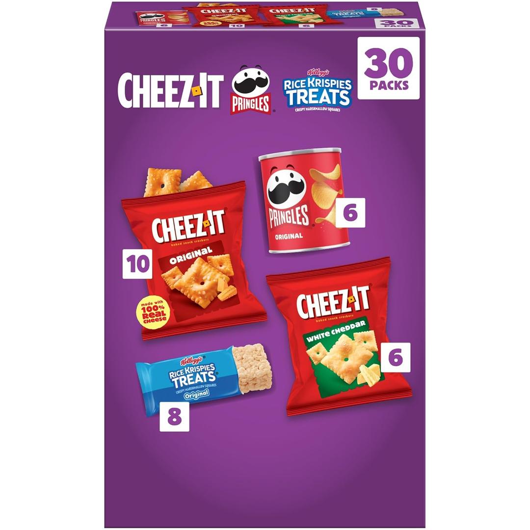 Kellogg's Cheez-It, Pringles & Rice Krispies Treats Snacks Mega Variety Pack, 30.1oz Box (30 Count) (EXP 03/23/26)