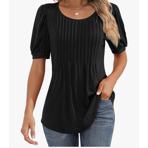 Ficerd Women's Puff Short Sleeve Tunic Tops Pleated Crew Neck Summer Blouses Dressy Casual Loose T Shirts, S