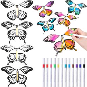 Seenelling 44 Pcs Flying Butterfly Craft Kit with 32 Wind up Butterflies and 12 Color Pens People Painting White Paper Butterflies DIY Toy for Party Game School Activity Birthday Gift