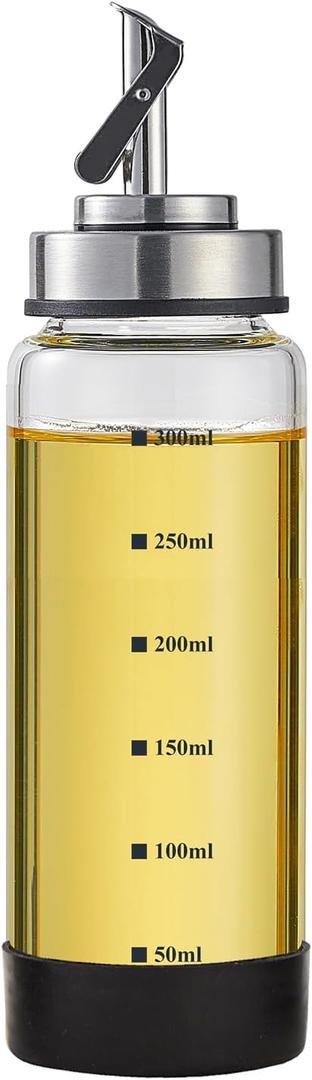 Verdental 10 oz Glass Olive Oil Dispenser Bottle with Stainless Steel Pour Spout for Cooking Oil, Syrups, Vinegar, Sauces, Wines with Non-slip Silicone Ring and Labels (300 ML)