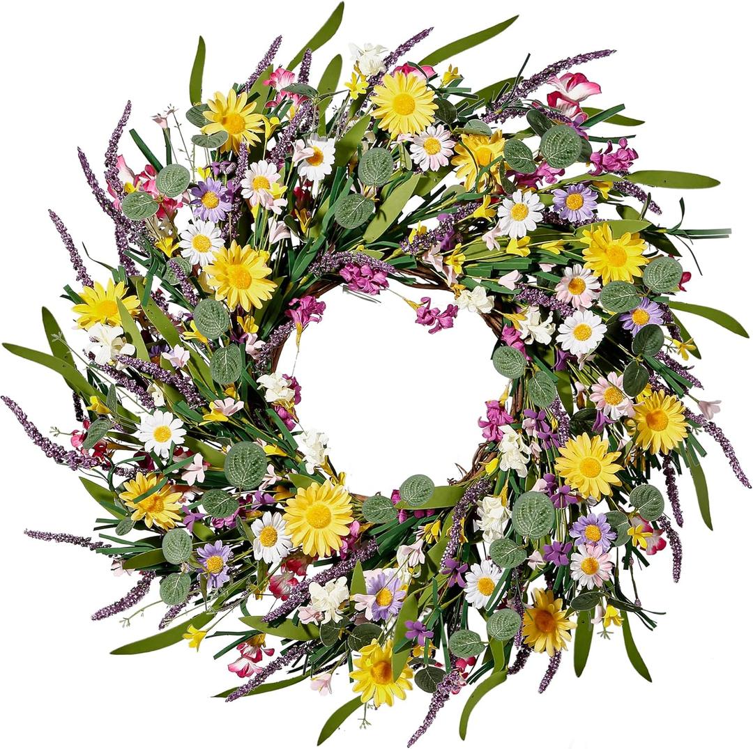 Sggvecsy Daisy and Lavender Wreath 24 Wildflower Wreath Spring and Summer Artificial Spring Silk Summer for Front Door Home Wall Wedding Festival Farmhouse Holiday Decor (Colorful)