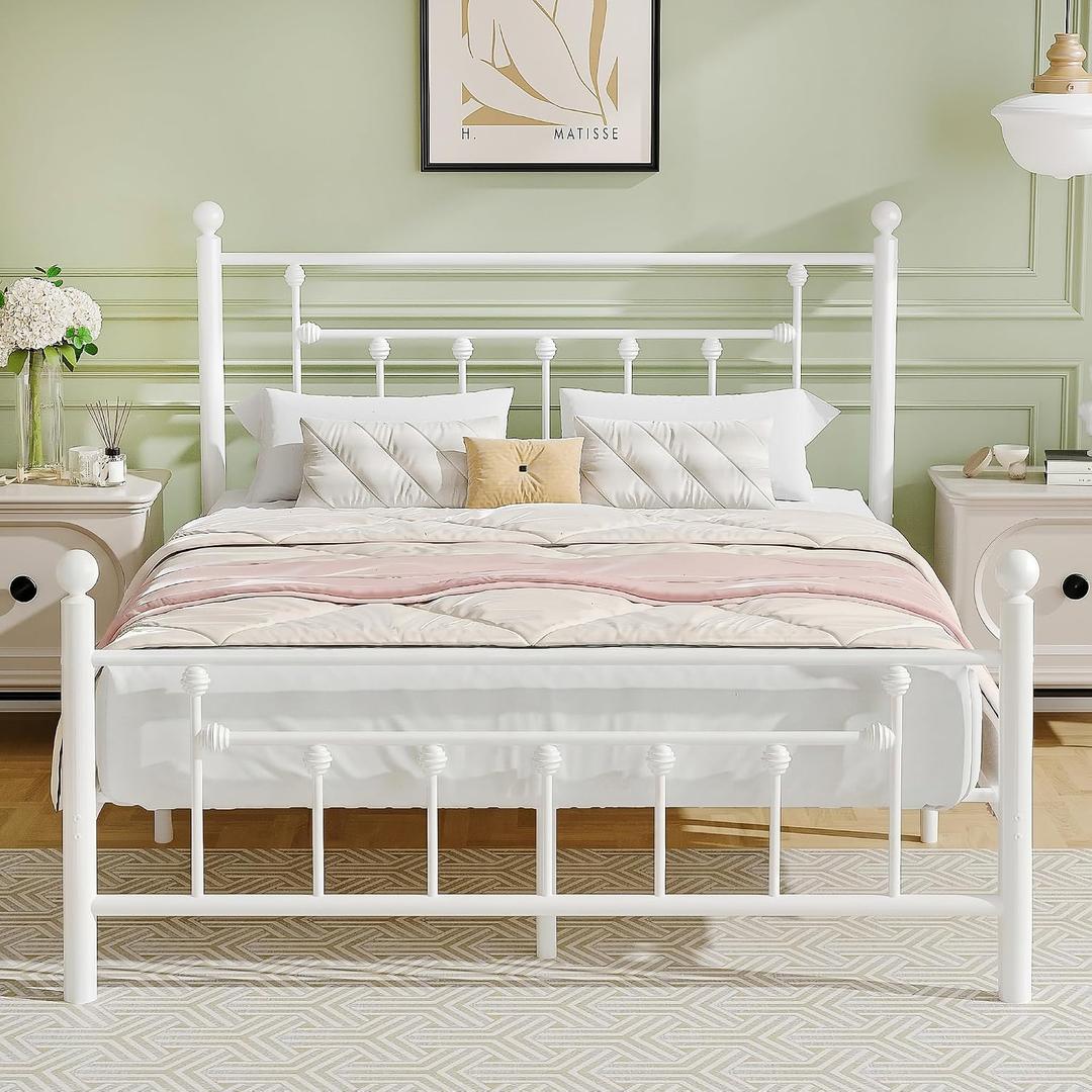 VECELO Full Size Metal Platform Bed Frame with Headboard and Footboard, Heavy Duty Slat Support/No Box Spring Needed Mattress Foundation/Underbed Storage Space, Victorian Style