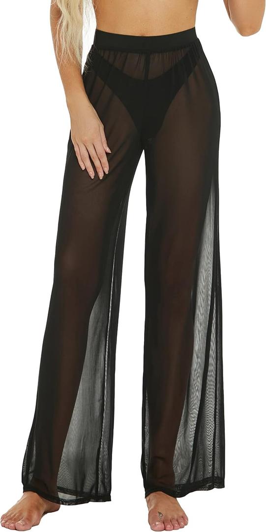 Awoscut Women See Through Sheer Mesh Pants Beach Swimsuit Bikini Bottom Cover up Party Club Elastic High Waist Wide Leg Pants (Size Small)