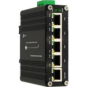Industrial Passive 24V 5 Ports PoE Switch, 10/100/1000Mbps, Black, DIN Rail Mount, AUTO, 12-24V Input 24V Output