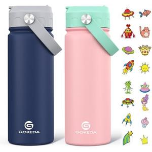 GoKEDA 18oz Kids Water Bottle, 2 Pack Insulated Bottles with Stickers, 18/8 Stainless Steel Vacuum Leak Proof Straw Cup for School, Gifts for Boys(Dark Blue, Pink)