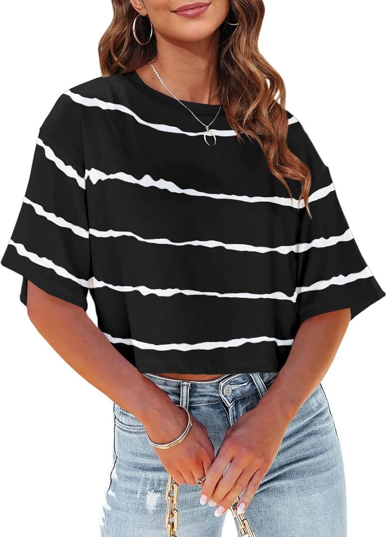 Tankaneo Women Half Sleeve Cropped T-Shirts Drop Shoulder Round Neck Crop Tops Casual Summer Solid Color Basic Tees (Black), L