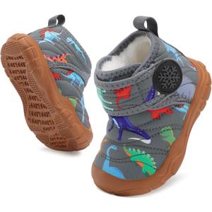 BARERUN Barefoot Baby Boys Girls Boots Warm Winter House Shoes for Toddler Girls Boys Waterproof Fleece Kids Snow Boots Faux Fur Infant Booties Walking Shoes for Indoor Outdoor (2-2.5 Years Toddler, Grey Dinosaur)