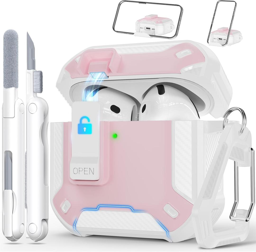 RFUNGUANGO Compatible AirPods 4th Generation Protective Case with Phone Holder and Compatible Back Magnetic Suction Function, Suitable for AirPods 4th Case-White + Pink
