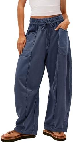 Yanekop Womens Baggy Wide Leg Pants Casual Summer Palazzo Pants Drawstring Waist Lounge Pants with Pockets(Navy Blue, XL)