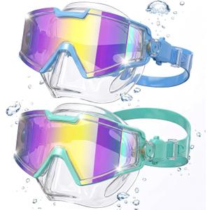 Kids Swimming Goggles 2 Pack, Anti Fog&UV Swim Goggles for Boys Girls, No Leak Pool Beach Essentials for kid 3-14 (Blue & Green with Nose Cover)