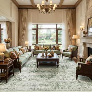 9x12 Washable Vintage Area Rug - Distressed Non-Slip Rugs Soft Large Retro Carpets for Living Room Bedroom Dining Room Office Home Decor, Green