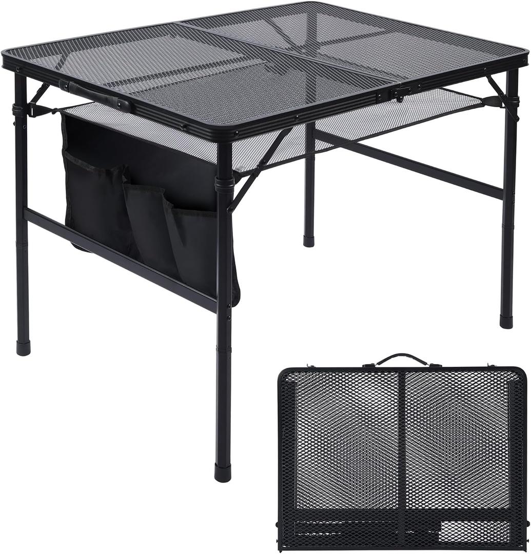 JOUYEK Folding Grill Table, 3x2 FT Portable Camping Table, Height Adjustable Metal Tables with Mesh Desktop and Mesh Bag, Outdoor Furniture for Camping, Picnic, Beach and BBQ, Black