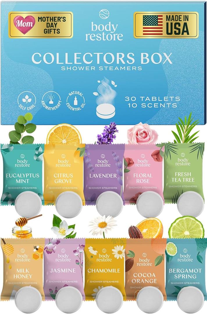 Body Restore Shower Steamers Aromatherapy 30 Pack  Mothers Day Gifts for Mom, Birthday Gifts for Women and Men, Relaxation Stress Relief Self Care  Collectors Box