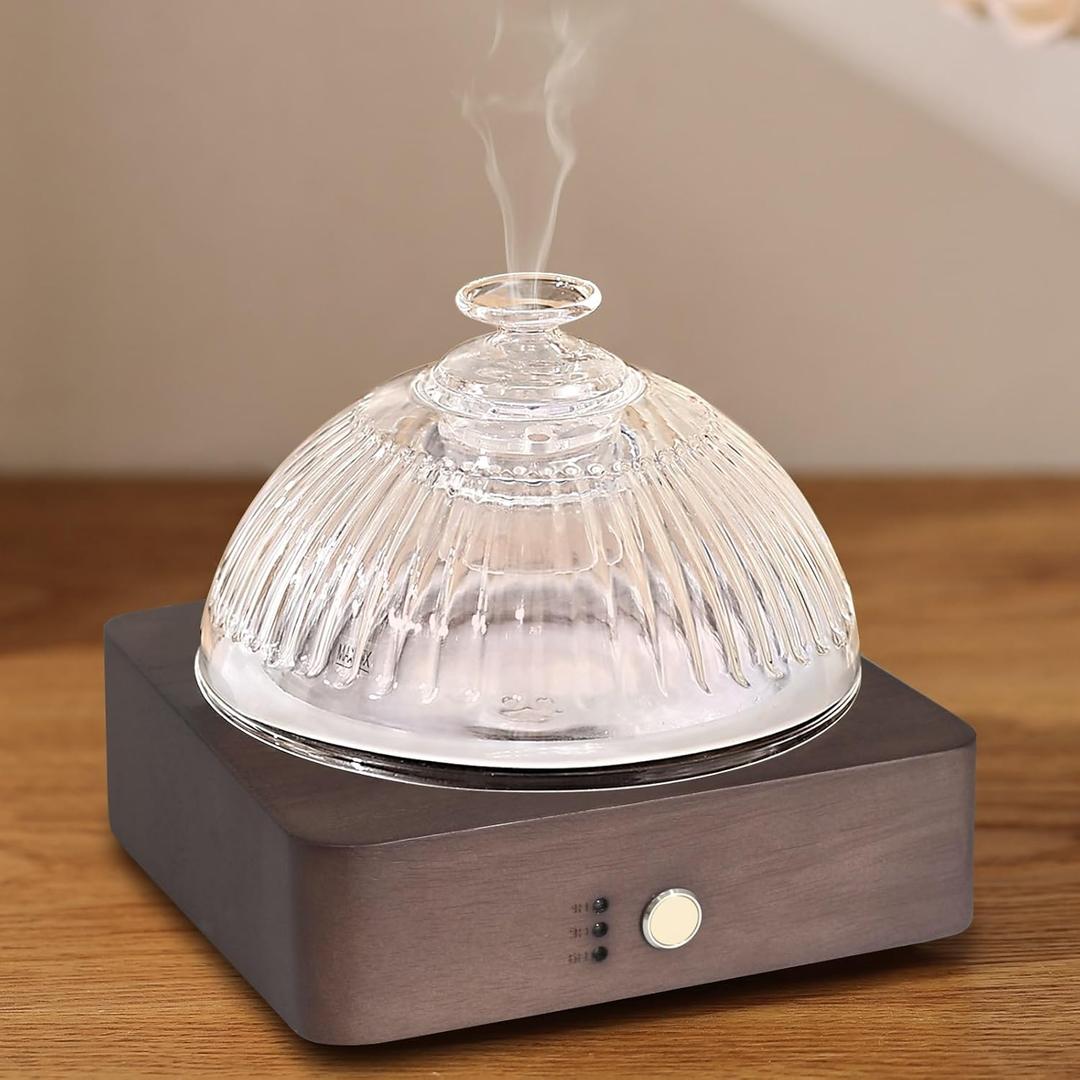 Glass Essential Oil Diffuser with Glass Reservoir & WoodBase, 200ml Ultrasonic Lock Color Timer Auto-Off 7 Color Light Aroma Glass Dome Diffuser for Home Office Bedroom Yoga - Dark Brown