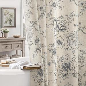 Farmhouse Floral Linen Shower Curtain, Vintage Grey Pattern Rustic Shower Curtains for Bathroom, Dark Gray,72x72