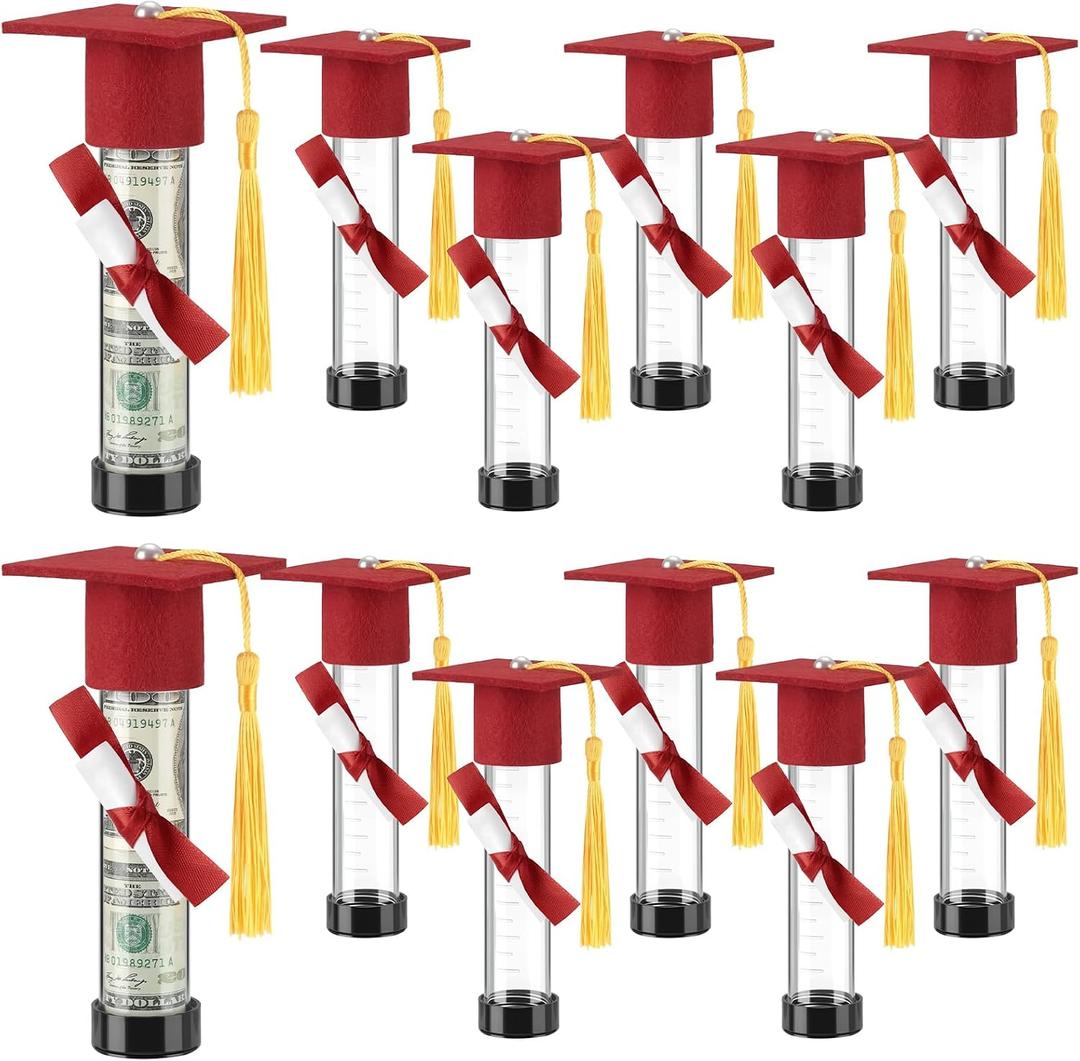 Qunclay 12 Pack Graduation Candy Tubes Class of 2026 Red Graduation Cash Gift Plastic Grad Cap Jars Candy Container with Tassels and Diploma for Grad Table Decor Party Favors