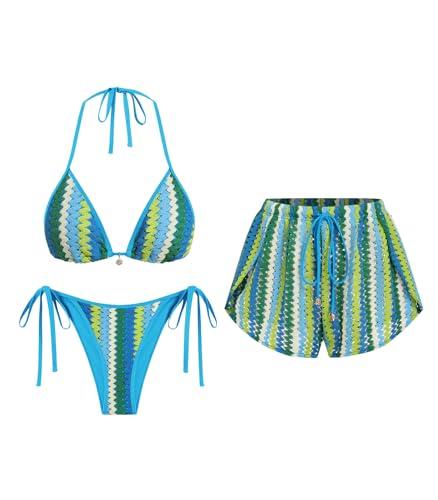 ZAFUL 3 Piece Bikini Sets for Women Shorts Trendy Crochet Vacation Swimsuits Summer Cruise Bathing Suits Blue Green M
