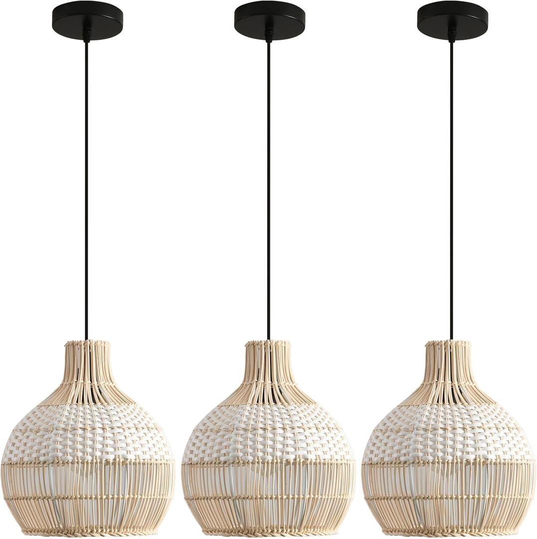 3 Pack Rattan Pendant Light Fixture Mini Hand-Woven White Rattan Chandelie,11Inch Boho Wicker Hanging Lamp for Dining Living Bedroom Kitchen Farmhouse