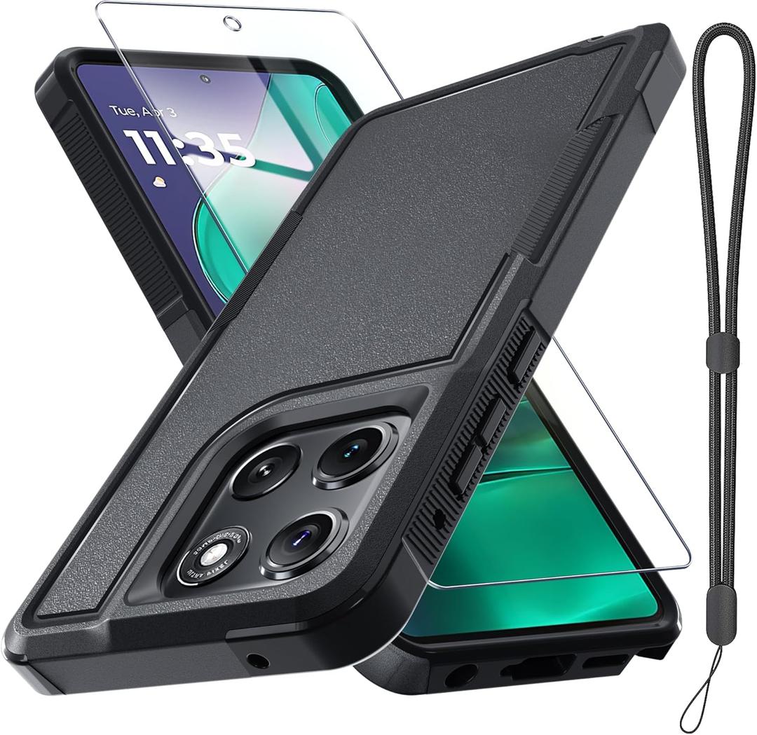 for Moto G Stylus 5G 2026/Moto G Stylus 5G 2025 Case, Full Body Heavy Duty Rugged Shockproof Protective Phone Cover with Lanyard Strap, Tempered Glass Screen Protector, Black Matte