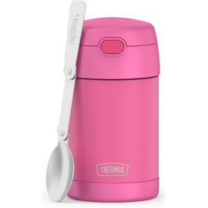 THERMOS FUNTAINER 16 Ounce Stainless Steel Vacuum Insulated Food Jar with Folding Spoon, Neon Pink