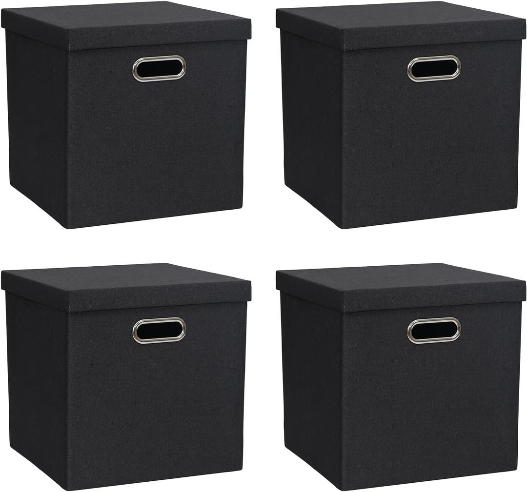 Storage Bins with Lids, Collapsible Linen Fabric Boxes Organizer Containers with Lid Foldable Storage Box Basket for Closet, Shelves, Home, Office, 12 x 12 x 12.4 Inch, 4 Pack, Black