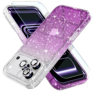 Choiche Compatible for iPhone 17 Pro Case, Women Cute Clear Glitter Bling Sparkly Case, [3 x Diamond Camera Lens Protectors] [2 x Tempered Glass Screen Protectors] 6.3-inch (Glitter Clear/Purple)