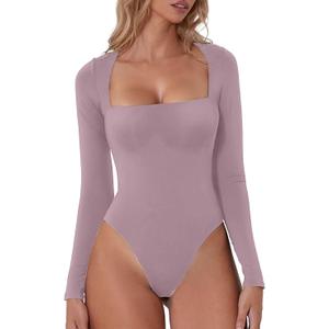 QINSEN Purple Bodysuit for Women Thong Sexy Square Neck Long Sleeve Shirt Tops XS