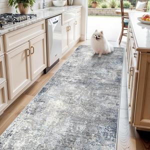 4x12 Wide Runner Rug for Hallway, Washable Non Slip Long Kitchen Rug, Soft Low Pile Carpet for Entryway Bedroom, Modern Abstract Area RugBlue Grey,4x12