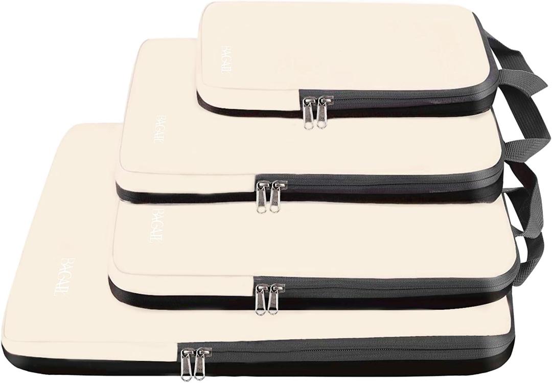 BAGAIL 4 Set Compression Packing Cubes Travel Accessories Expandable Packing Organizers (Cloth Pattern, 4-Beige), 13.75 inches x 12.75 inches x 4.5 inches