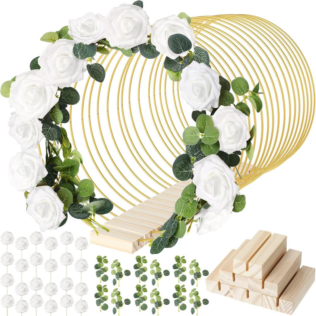15 Pcs Metal Floral Centerpiece Table Decorations Hoop Centerpiece with Stand Gold Centerpieces for Table 15 Wooden Holders 30 Artificial Flowers 30 Leaves for Wedding DIY Craft Decor(10 Inch,White)