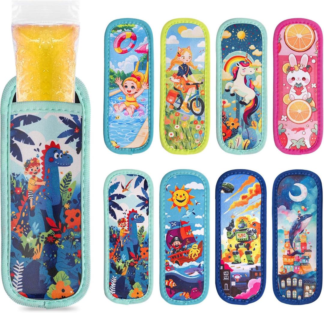 8 Pcs Ice Pop Sleeves, Reusable Washable Popsicle Sleeves for Freeze Protection & Insulation, Popsicle Holder for Kids with 8 Cute Patterns, Neoprene Colorful Sleeves for Boys and Girls