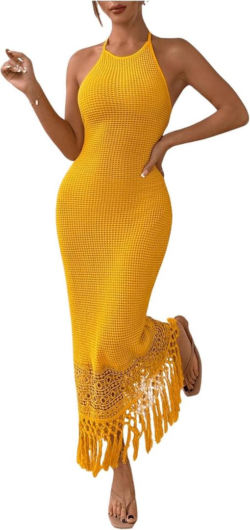SOLY HUX Women's Summer Fringe Trim Halter Neck Bodycon Dress Crochet Sleeveless Maxi Dresses (Plain Yellow)