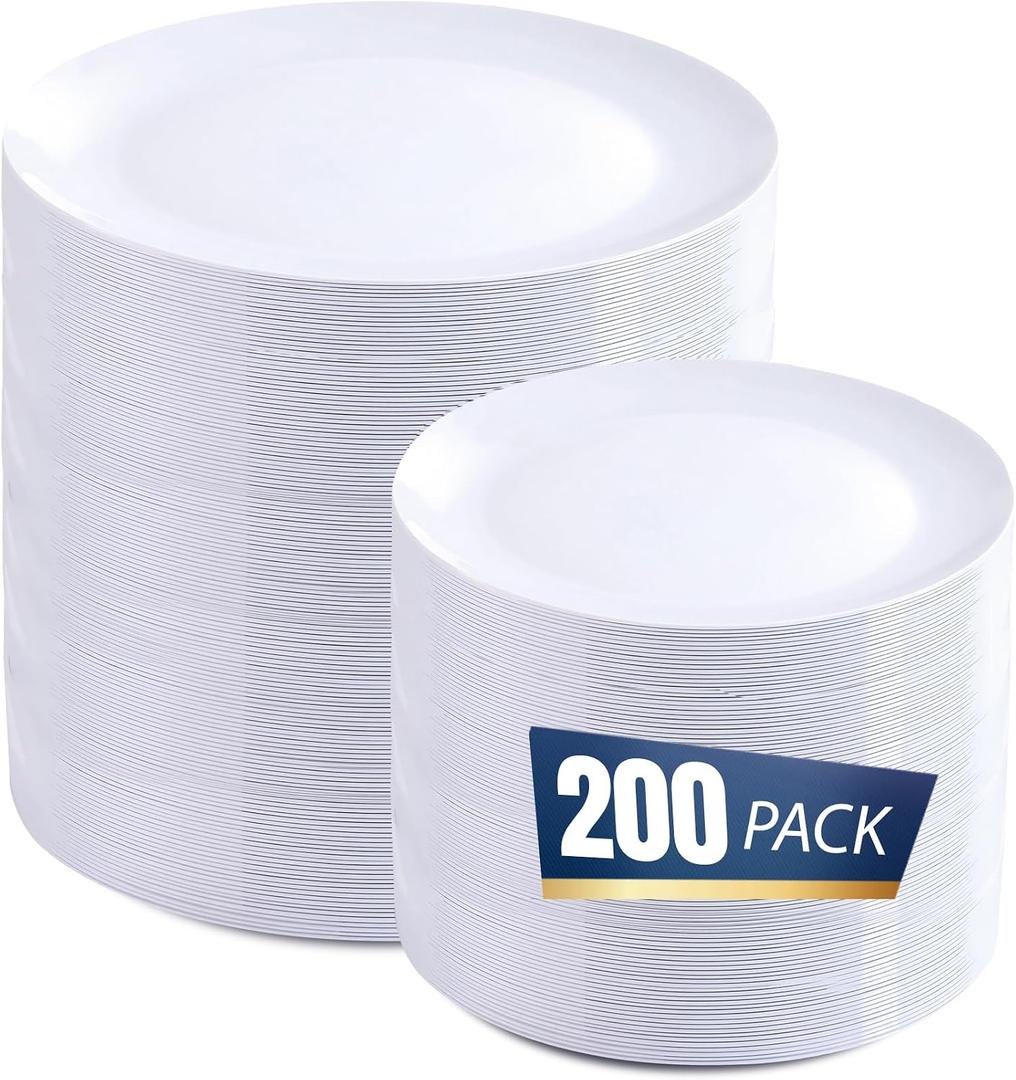 bUCLA 200PCS White Plastic Plates - Heavy Duty White Disposable Include 100 Dinner 10inch & 100 Dessert 7inch Plates, Ideal for Wedding&Party