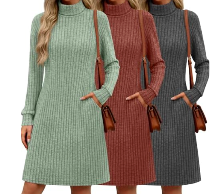 Velvelhall 3 Pack Women's Long Sleeve Sweater Dresses Ribbed Knit Lettuce Trim Mock Turtleneck Short Casual Slim Fit Dresses(Caramel, Green, Gray,Medium)