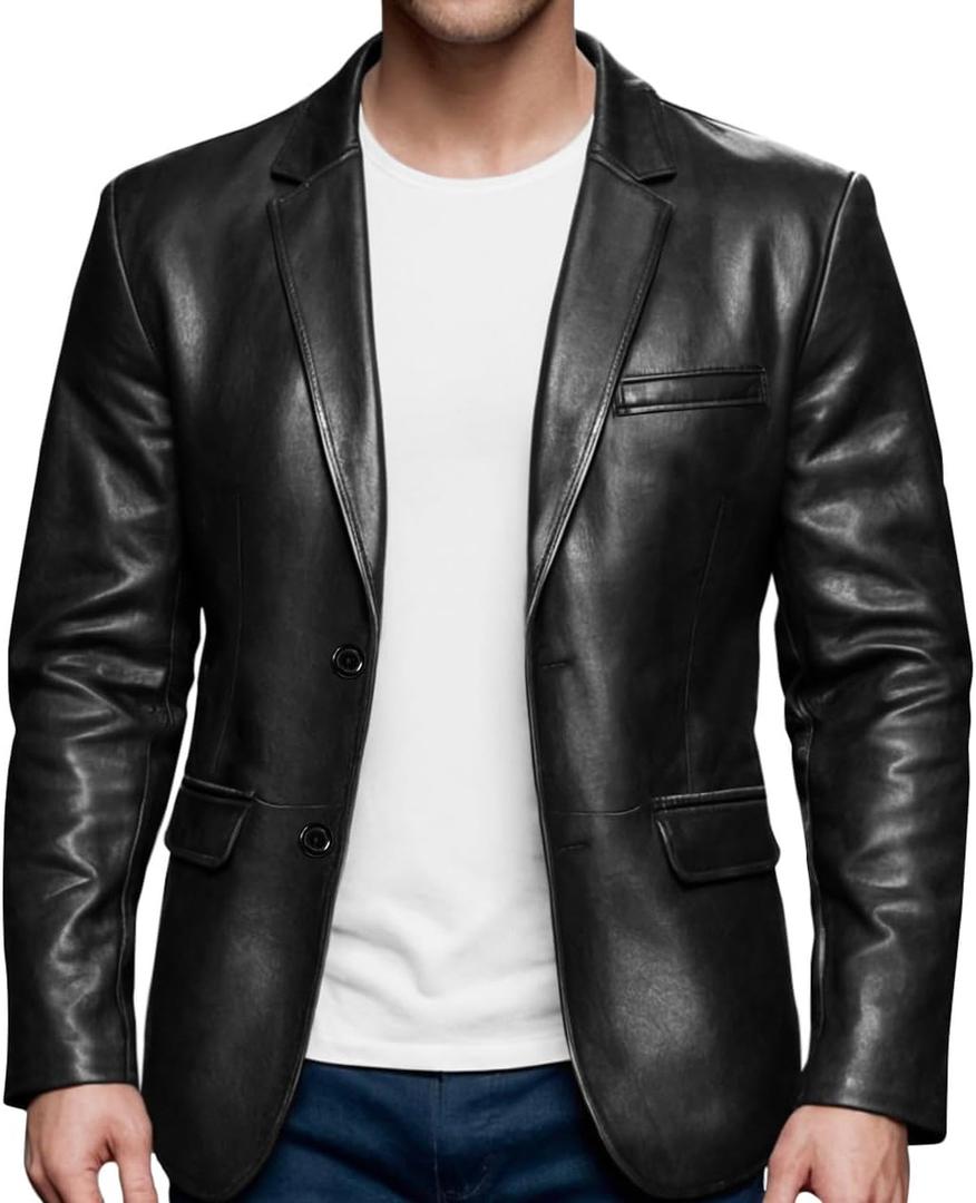Casual Leather Blazer For Men - Genuine Lambskin Mens Real Leather Jacket Coat (Large)