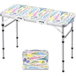 Folding Camping Table 3ft Portable Pinic Table Adjustable Height Small Card Table Aluminum Foldable Lightweight with Carry Handle for Outdoor Indoor Hiking Camp BBQ Beach (Blooming Floral)