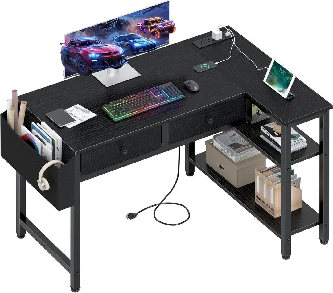 DLisiting Black Corner Desk for Small Space | Drawers, Reversible Gaming L Shaped, Storage Shelves for Boys, Corner Work Study PC Desks for Bedroom, Black, 39.4'' 