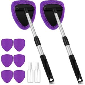 Baderke 10 Pcs Windshield Cleaner Tool Car Window Cleaning Supplies with Extendable Handle Include 6 Washable Microfiber Bonnets 2 Empty 60ml Spray Bottle Glass Wiper Kit(Purple)