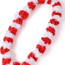 Handmade Graduation Ribbon Leis Hawaiian Leis with Wood Beads Two-Tone Grad Flower Leis for College High School Graduation Party Accessories (Red and White)